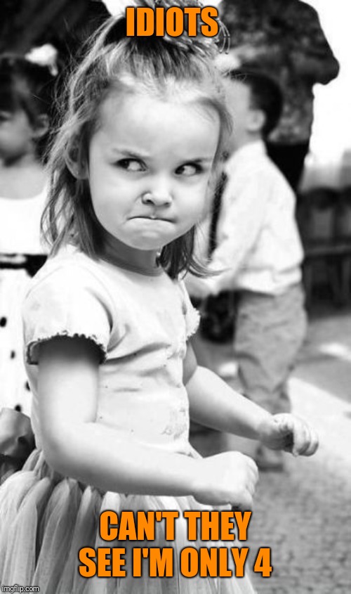 Angry Toddler Meme | IDIOTS CAN'T THEY SEE I'M ONLY 4 | image tagged in memes,angry toddler | made w/ Imgflip meme maker