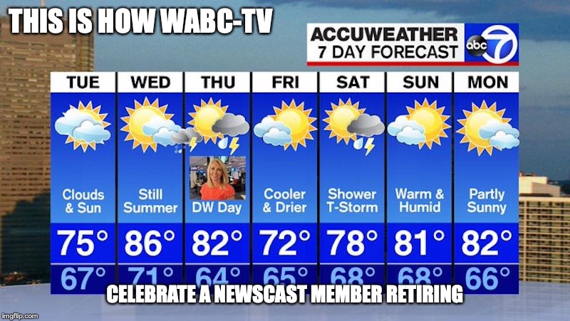DW Day | THIS IS HOW WABC-TV; CELEBRATE A NEWSCAST MEMBER RETIRING | image tagged in eyewitness news,weather forecast,memes | made w/ Imgflip meme maker