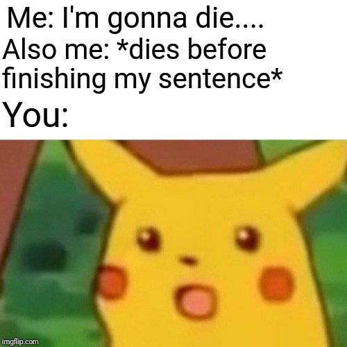 Surprised Pikachu Meme | Me: I'm gonna die.... Also me: *dies before finishing my sentence* You: | image tagged in memes,surprised pikachu | made w/ Imgflip meme maker