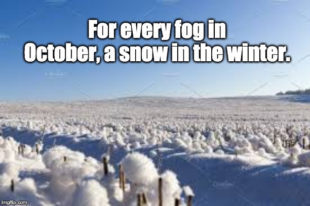For every fog in October, a snow in the winter. | image tagged in weather lore,snow,fog | made w/ Imgflip meme maker