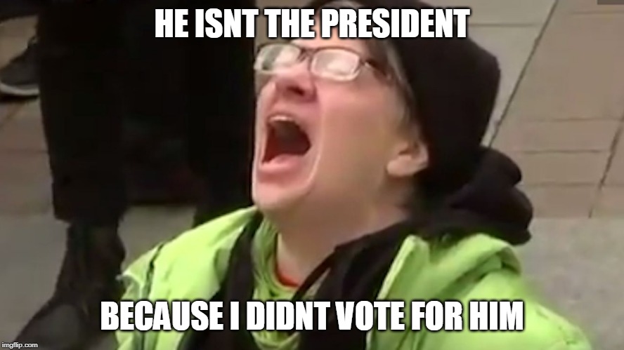 Screaming Liberal  | HE ISNT THE PRESIDENT BECAUSE I DIDNT VOTE FOR HIM | image tagged in screaming liberal | made w/ Imgflip meme maker