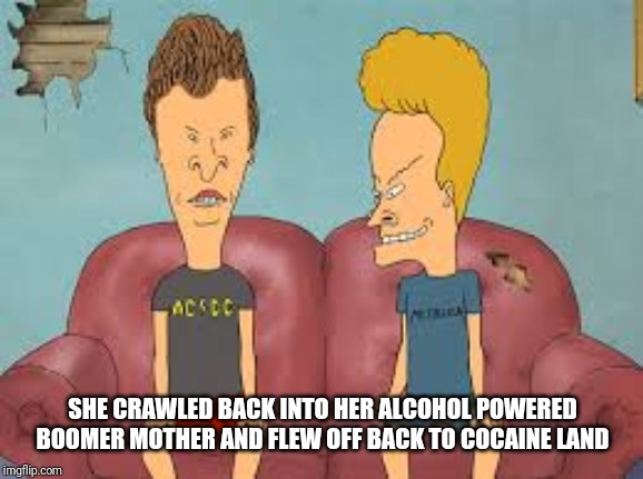 SHE CRAWLED BACK INTO HER ALCOHOL POWERED BOOMER MOTHER AND FLEW OFF BACK TO COCAINE LAND | image tagged in bevis n butthead | made w/ Imgflip meme maker