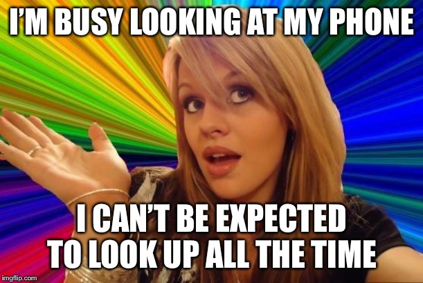 Dumb Blonde Meme | I’M BUSY LOOKING AT MY PHONE I CAN’T BE EXPECTED TO LOOK UP ALL THE TIME | image tagged in memes,dumb blonde | made w/ Imgflip meme maker