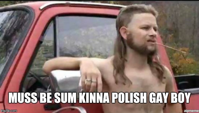 almost politically correct redneck | MUSS BE SUM KINNA POLISH GAY BOY | image tagged in almost politically correct redneck | made w/ Imgflip meme maker