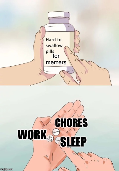 Hard To Swallow Pills Meme | for memers WORK CHORES SLEEP | image tagged in memes,hard to swallow pills | made w/ Imgflip meme maker