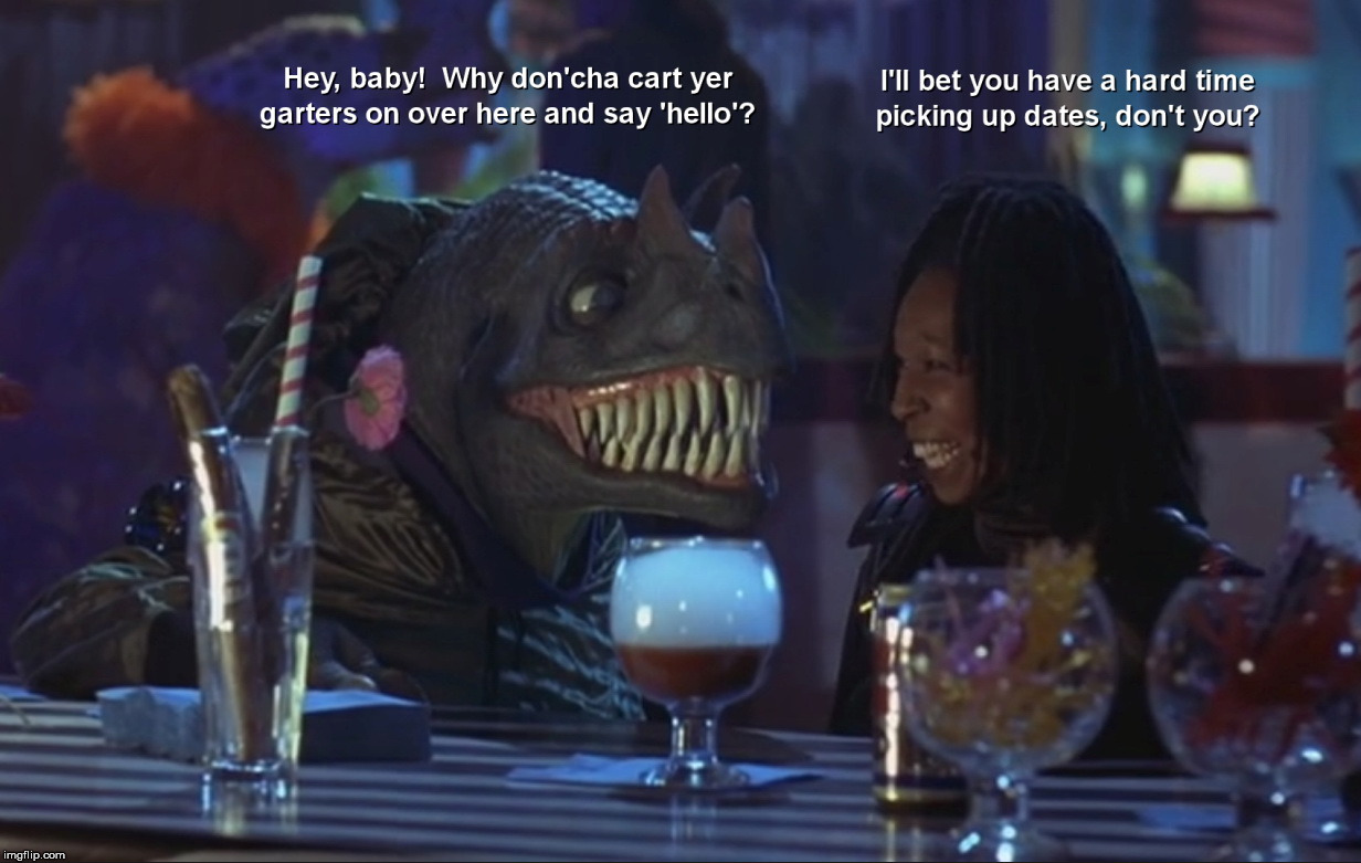 One Fine Evening at the Local Bar | image tagged in whoopie,t-rex | made w/ Imgflip meme maker