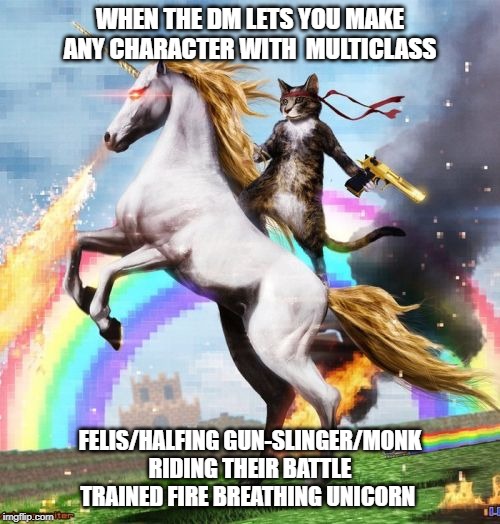 Welcome To The Internets | WHEN THE DM LETS YOU MAKE ANY CHARACTER WITH  MULTICLASS; FELIS/HALFING GUN-SLINGER/MONK RIDING THEIR BATTLE TRAINED FIRE BREATHING UNICORN | image tagged in memes,welcome to the internets,dungeons and dragons,unicorn,cats | made w/ Imgflip meme maker