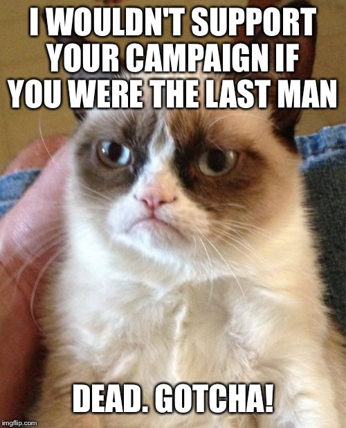 Grumpy Cat Meme | I WOULDN'T SUPPORT YOUR CAMPAIGN IF YOU WERE THE LAST MAN; DEAD. GOTCHA! | image tagged in memes,grumpy cat | made w/ Imgflip meme maker