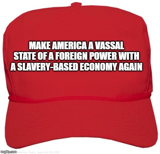 blank red MAGA hat | MAKE AMERICA A VASSAL STATE OF A FOREIGN POWER WITH A SLAVERY-BASED ECONOMY AGAIN | image tagged in blank red maga hat | made w/ Imgflip meme maker