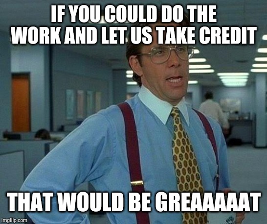 That Would Be Great Meme | IF YOU COULD DO THE WORK AND LET US TAKE CREDIT; THAT WOULD BE GREAAAAAT | image tagged in memes,that would be great | made w/ Imgflip meme maker
