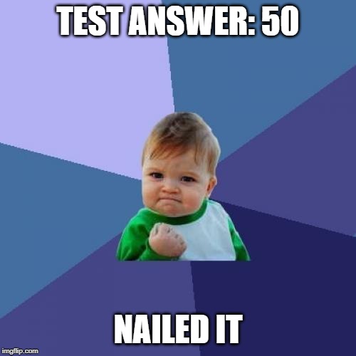 Success Kid | TEST ANSWER: 50; NAILED IT | image tagged in memes,success kid | made w/ Imgflip meme maker