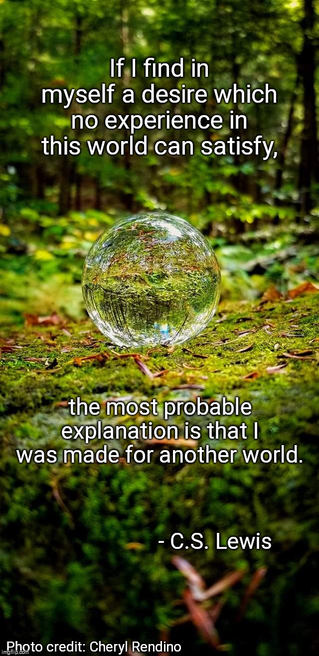Made for another world | If I find in myself a desire which no experience in this world can satisfy, the most probable explanation is that I was made for another world. - C.S. Lewis; Photo credit: Cheryl Rendino | image tagged in christianity,lewis,another,world | made w/ Imgflip meme maker