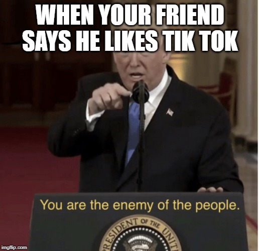 You Are the Enemy of the People | WHEN YOUR FRIEND SAYS HE LIKES TIK TOK | image tagged in you are the enemy of the people | made w/ Imgflip meme maker