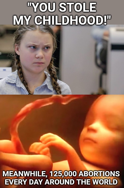 The only people "stealing your childhood" are the same people who steal 125,000 others each day. | "YOU STOLE MY CHILDHOOD!"; MEANWHILE, 125,000 ABORTIONS EVERY DAY AROUND THE WORLD | image tagged in abortion,whining,greta thunberg | made w/ Imgflip meme maker