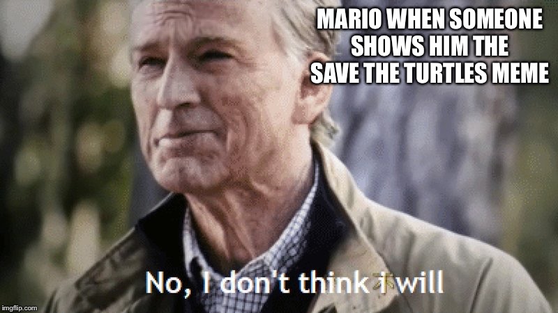 No, i dont think i will | MARIO WHEN SOMEONE SHOWS HIM THE SAVE THE TURTLES MEME | image tagged in no i dont think i will | made w/ Imgflip meme maker
