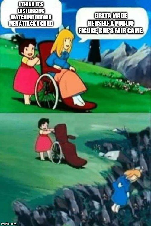 wheelchair chicks | GRETA MADE HERSELF A PUBLIC FIGURE, SHE'S FAIR GAME. I THINK IT'S DISTURBING WATCHING GROWN MEN ATTACK A CHILD | image tagged in wheelchair chicks | made w/ Imgflip meme maker