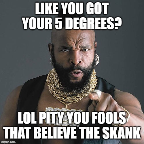 Mr T Pity The Fool Meme | LIKE YOU GOT YOUR 5 DEGREES? LOL PITY YOU FOOLS THAT BELIEVE THE SKANK | image tagged in memes,mr t pity the fool | made w/ Imgflip meme maker