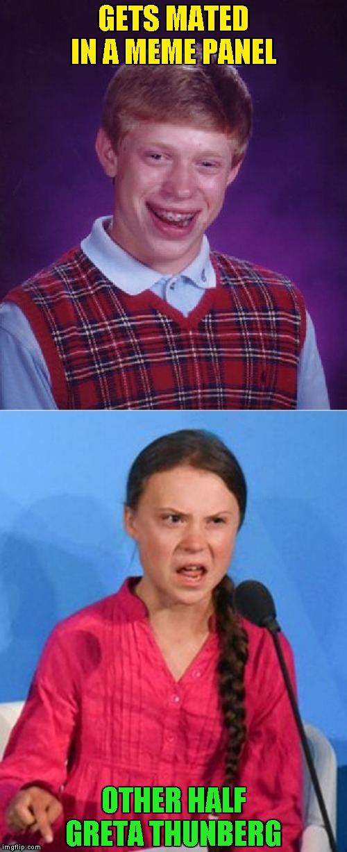 How Dare You | GETS MATED IN A MEME PANEL; OTHER HALF GRETA THUNBERG | image tagged in memes,bad luck brian,greta thunberg how dare you,new template | made w/ Imgflip meme maker