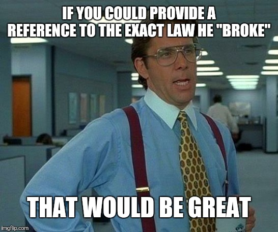 That Would Be Great Meme | IF YOU COULD PROVIDE A REFERENCE TO THE EXACT LAW HE "BROKE" THAT WOULD BE GREAT | image tagged in memes,that would be great | made w/ Imgflip meme maker