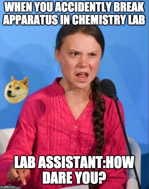 Greta Thunberg how dare you | WHEN YOU ACCIDENTLY BREAK APPARATUS IN CHEMISTRY LAB; LAB ASSISTANT:HOW DARE YOU? | image tagged in greta thunberg how dare you | made w/ Imgflip meme maker
