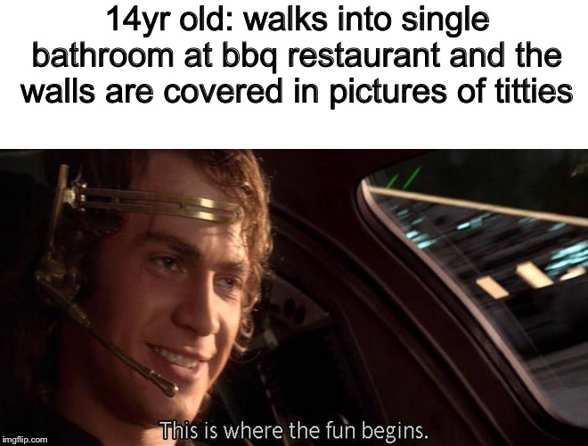 This is where the fun begins | 14yr old: walks into single bathroom at bbq restaurant and the walls are covered in pictures of titties | image tagged in this is where the fun begins | made w/ Imgflip meme maker