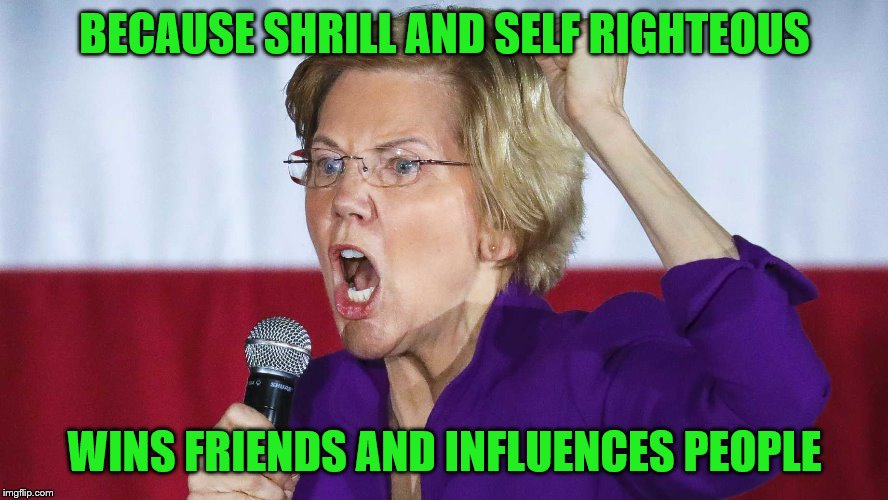 Seething mad Elizabeth Warren | BECAUSE SHRILL AND SELF RIGHTEOUS; WINS FRIENDS AND INFLUENCES PEOPLE | image tagged in seething mad elizabeth warren | made w/ Imgflip meme maker