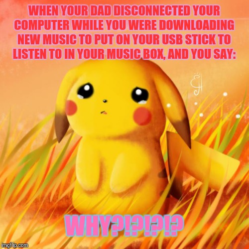 Sad Pikachu | WHEN YOUR DAD DISCONNECTED YOUR COMPUTER WHILE YOU WERE DOWNLOADING NEW MUSIC TO PUT ON YOUR USB STICK TO LISTEN TO IN YOUR MUSIC BOX, AND YOU SAY:; WHY?!?!?!? | image tagged in sad pikachu | made w/ Imgflip meme maker