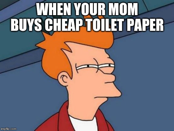 Futurama Fry Meme | WHEN YOUR MOM BUYS CHEAP TOILET PAPER | image tagged in memes,futurama fry | made w/ Imgflip meme maker