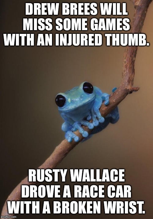 Drew Brees vs Rusty Wallace | DREW BREES WILL MISS SOME GAMES WITH AN INJURED THUMB. RUSTY WALLACE DROVE A RACE CAR WITH A BROKEN WRIST. | image tagged in small fact frog,memes,nfl football,nascar,joke,hand | made w/ Imgflip meme maker