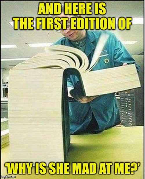 big book | AND HERE IS THE FIRST EDITION OF ‘WHY IS SHE MAD AT ME?’ | image tagged in big book | made w/ Imgflip meme maker