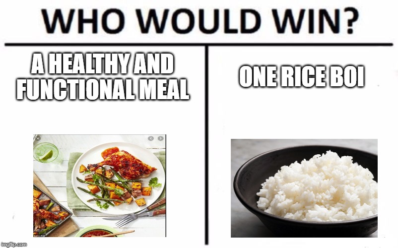 Who Would Win? Meme | A HEALTHY AND FUNCTIONAL MEAL; ONE RICE BOI | image tagged in memes,who would win | made w/ Imgflip meme maker