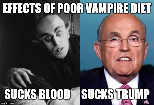 EFFECTS OF POOR VAMPIRE DIET; SUCKS BLOOD     SUCKS TRUMP | image tagged in trump,giuliani | made w/ Imgflip meme maker