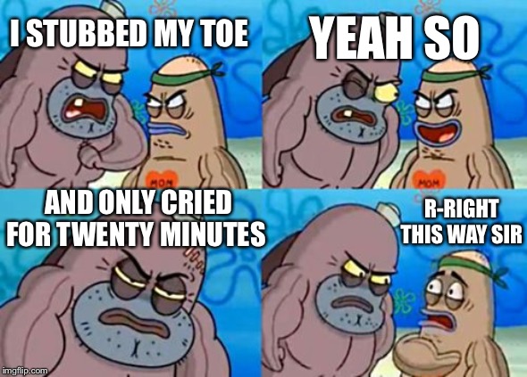 How tough are you | YEAH SO; I STUBBED MY TOE; AND ONLY CRIED FOR TWENTY MINUTES; R-RIGHT THIS WAY SIR | image tagged in memes,how tough are you | made w/ Imgflip meme maker