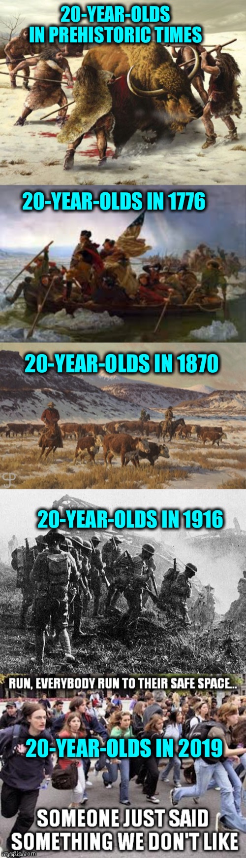 20-YEAR-OLDS IN PREHISTORIC TIMES; 20-YEAR-OLDS IN 1776; 20-YEAR-OLDS IN 1870; 20-YEAR-OLDS IN 1916; 20-YEAR-OLDS IN 2019 | image tagged in snowflakes,libtards,liberal logic,stupid liberals,democratic party | made w/ Imgflip meme maker