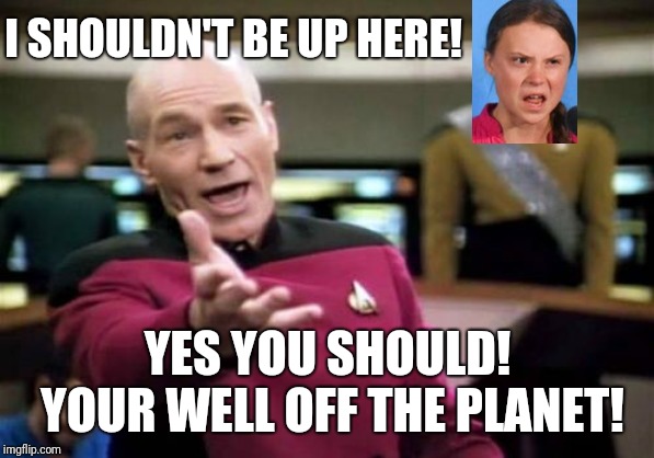 Greta Thunberg - Space Cadet | I SHOULDN'T BE UP HERE! YES YOU SHOULD!
 YOUR WELL OFF THE PLANET! | image tagged in memes,picard wtf,greta thunberg how dare you,greta thunberg,star trek,political humor | made w/ Imgflip meme maker