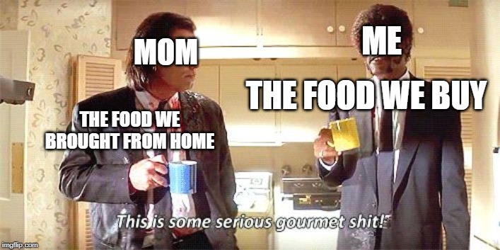 This is some serious gourmet shit | ME; MOM; THE FOOD WE BUY; THE FOOD WE BROUGHT FROM HOME | image tagged in this is some serious gourmet shit | made w/ Imgflip meme maker