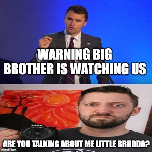 Big Brother Or Big Brudda | WARNING BIG BROTHER IS WATCHING US; ARE YOU TALKING ABOUT ME LITTLE BRUDDA? | image tagged in big brother,youtuber | made w/ Imgflip meme maker