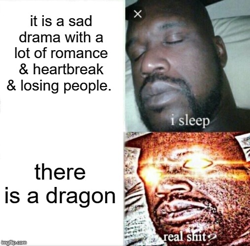 Sleeping Shaq | it is a sad drama with a lot of romance & heartbreak & losing people. there is a dragon | image tagged in memes,sleeping shaq | made w/ Imgflip meme maker