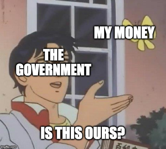 Is This A Pigeon Meme | MY MONEY; THE GOVERNMENT; IS THIS OURS? | image tagged in memes,is this a pigeon | made w/ Imgflip meme maker