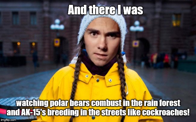 Greta Hogg | And there I was; watching polar bears combust in the rain forest and AK-15's breeding in the streets like cockroaches! | image tagged in greta hogg,david hogg,greta thunberg,satire | made w/ Imgflip meme maker