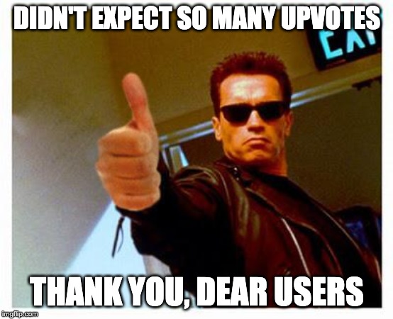 terminator thumbs up | DIDN'T EXPECT SO MANY UPVOTES THANK YOU, DEAR USERS | image tagged in terminator thumbs up | made w/ Imgflip meme maker