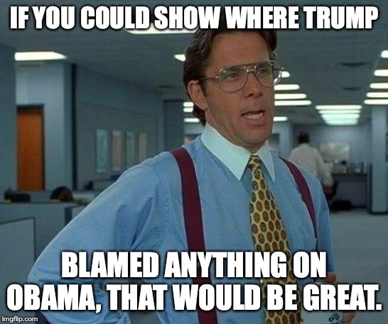 That Would Be Great Meme | IF YOU COULD SHOW WHERE TRUMP BLAMED ANYTHING ON OBAMA, THAT WOULD BE GREAT. | image tagged in memes,that would be great | made w/ Imgflip meme maker