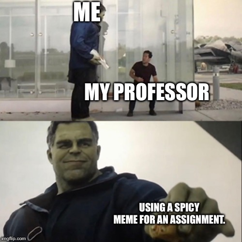 Hulk Taco | ME; MY PROFESSOR; USING A SPICY MEME FOR AN ASSIGNMENT. | image tagged in hulk taco | made w/ Imgflip meme maker