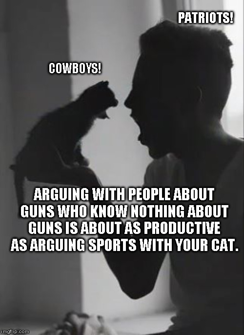 The Gun Argument | PATRIOTS! COWBOYS! ARGUING WITH PEOPLE ABOUT GUNS WHO KNOW NOTHING ABOUT GUNS IS ABOUT AS PRODUCTIVE AS ARGUING SPORTS WITH YOUR CAT. | image tagged in guns,2nd amendment | made w/ Imgflip meme maker