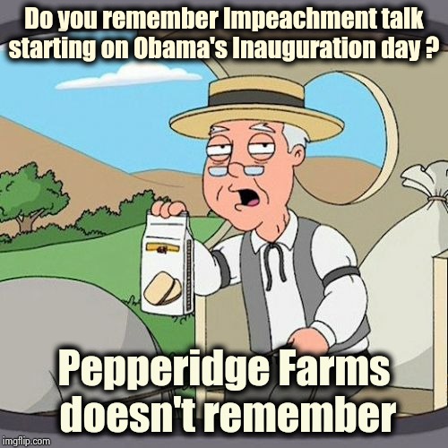 The Media gave Obama a terrible time | Do you remember Impeachment talk starting on Obama's Inauguration day ? Pepperidge Farms
 doesn't remember | image tagged in memes,pepperidge farm remembers,biased media,loved obama,still our president | made w/ Imgflip meme maker