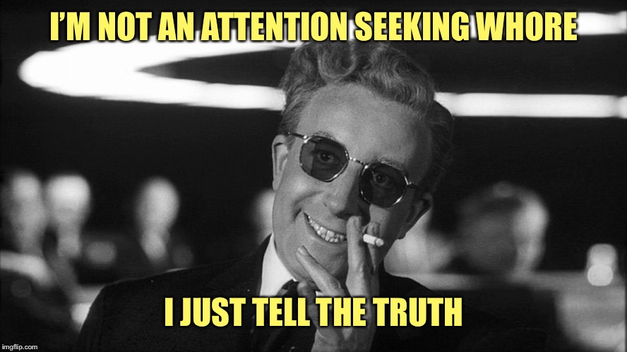 Doctor Strangelove says... | I’M NOT AN ATTENTION SEEKING W**RE I JUST TELL THE TRUTH | made w/ Imgflip meme maker
