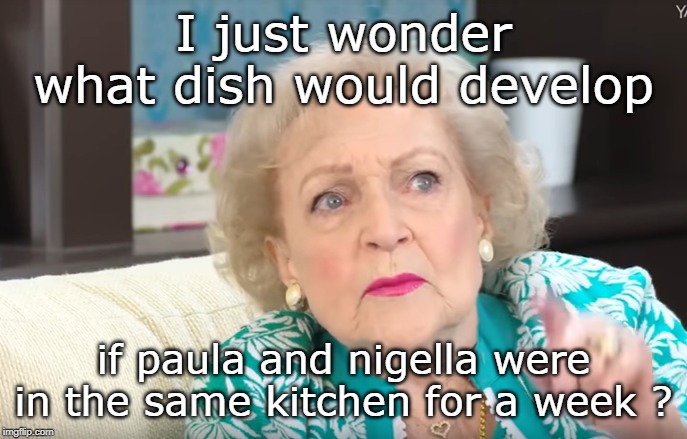 butter,sour cream, double cream, sugar etc what would happen ?? | I just wonder what dish would develop; if paula and nigella were in the same kitchen for a week ? | image tagged in kitchen ideas,betty white,nigella lawson,meme questions | made w/ Imgflip meme maker