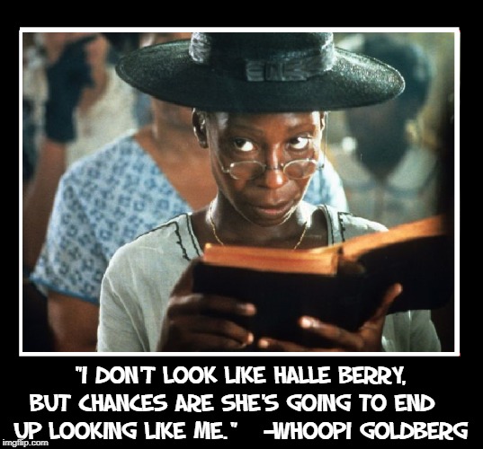 Not a Whoopi fan, but I consider her words to see where she comes from | "I DON'T LOOK LIKE HALLE BERRY, BUT CHANCES ARE SHE'S GOING TO END    UP LOOKING LIKE ME."   —WHOOPI GOLDBERG | image tagged in vince vance,color purple,whoopi goldberg,bible,halle berry,quotes | made w/ Imgflip meme maker