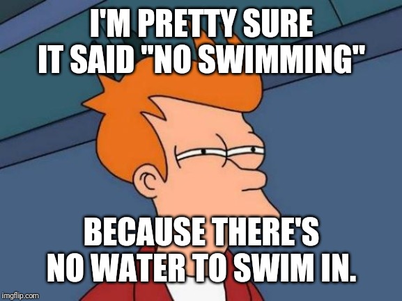 Futurama Fry Meme | I'M PRETTY SURE IT SAID "NO SWIMMING" BECAUSE THERE'S NO WATER TO SWIM IN. | image tagged in memes,futurama fry | made w/ Imgflip meme maker