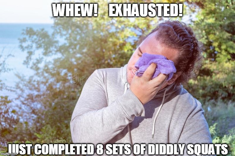 diddly squats | WHEW!    EXHAUSTED! JUST COMPLETED 8 SETS OF DIDDLY SQUATS | image tagged in man tired,exercize | made w/ Imgflip meme maker